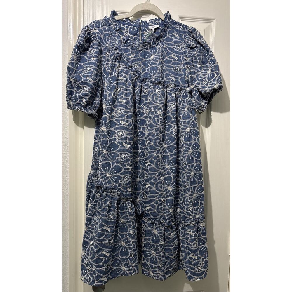 Voy Dress Chambray Blue White Embroidered Size Medium Cottagecore Boho Flowers